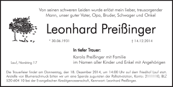 Traueranzeige von Leonhard Preißinger von Pegnitz-Zeitung